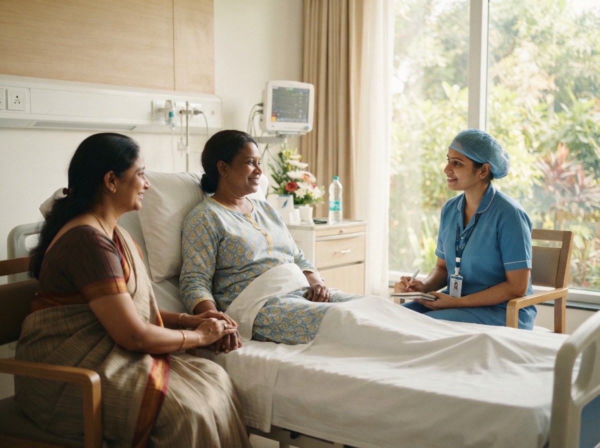 A patient resting in a bright hospital room, with a family companion beside her and a nurse taking notes.