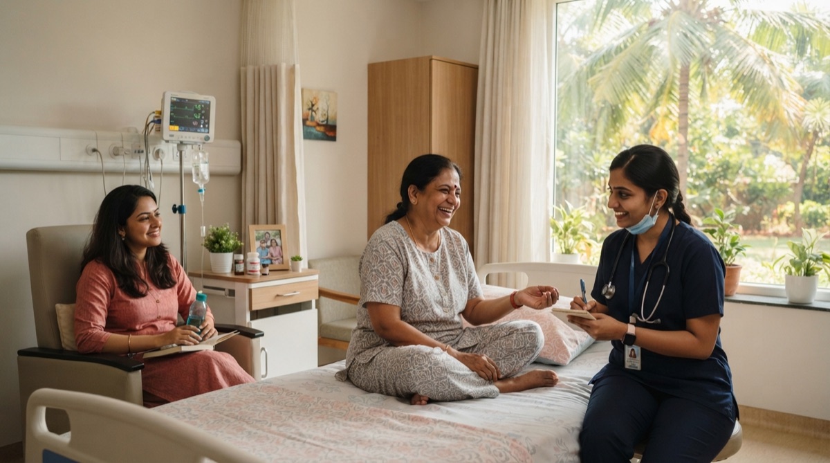 A recovering patient laughing with her companion and a nurse during a ward round in a bright, airy hospital room.